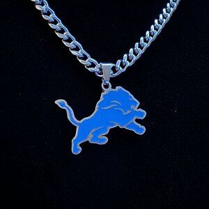 Blue Detroit Lions Necklace - 5mm Cuban - Silver Plated - 22" Chain - NFL